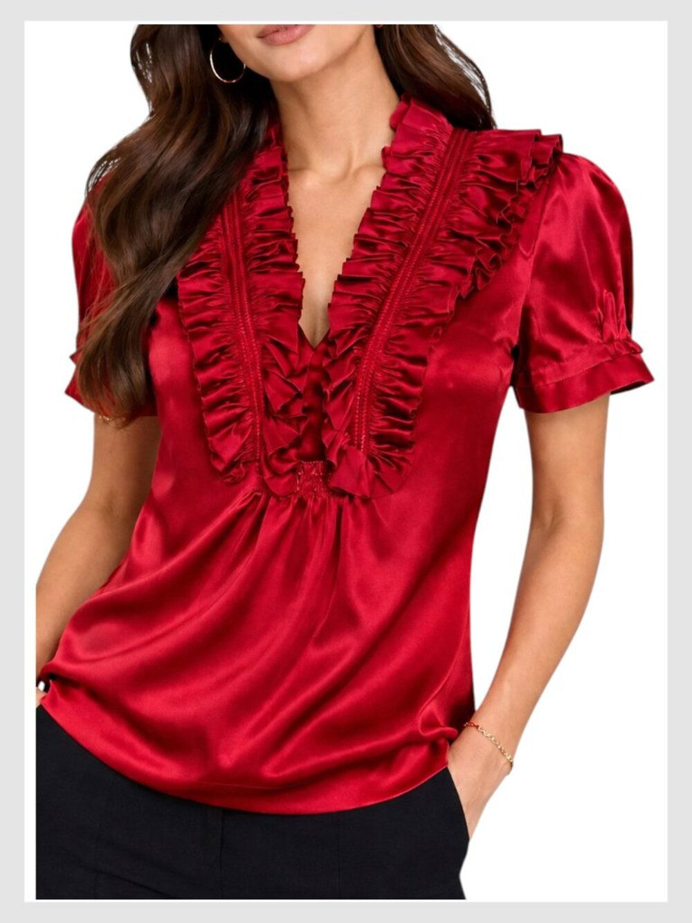 BCBG Max Azria Silk Ruffle V-Neck Blouse Red XS